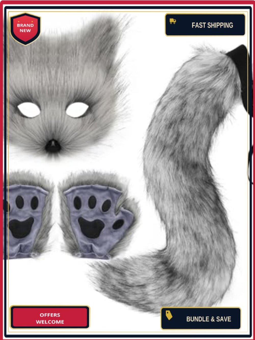 Faux Fur Fox Tail Cat Wolf Set Plush Mask Fluffy Paw Gloves Costume Party